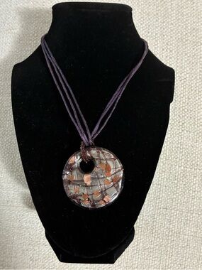 Art Glass Necklace
Metallic Circle
Pendant Silver
Copper Accents
Purple Cord